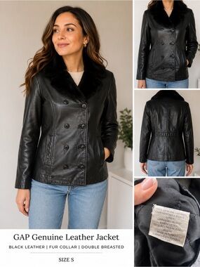 Vintage GAP Black Leather Double-Breasted Jacket with Fur Collar